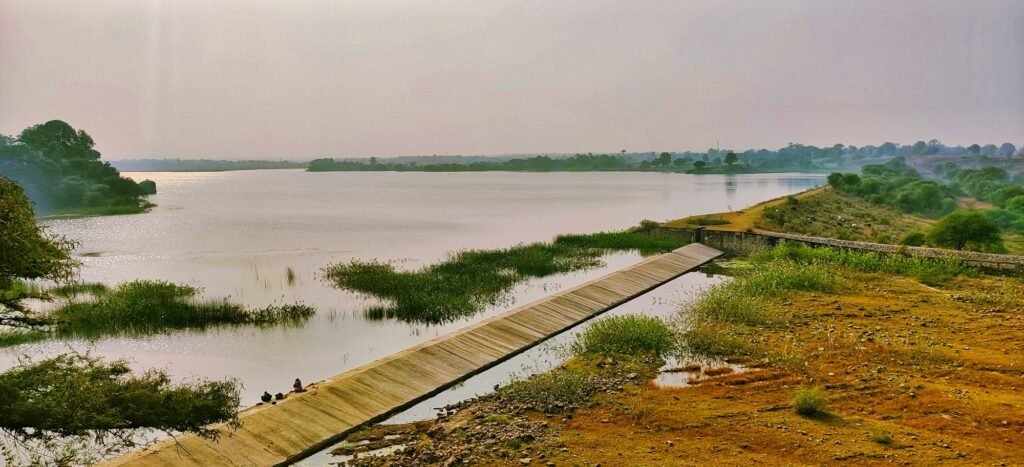 Bird's eye panoramic view of Kali dam, check dam on a sunny day in Dahod, Gujarat, India